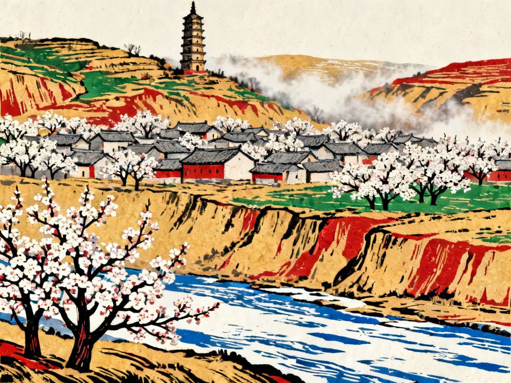 古塔杏花文化旅游节 · 版画 · AI 示意