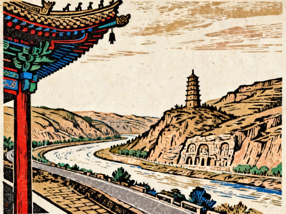 自驾: 榆林到延安, 黄河沿线三天 · 版画 · AI 示意