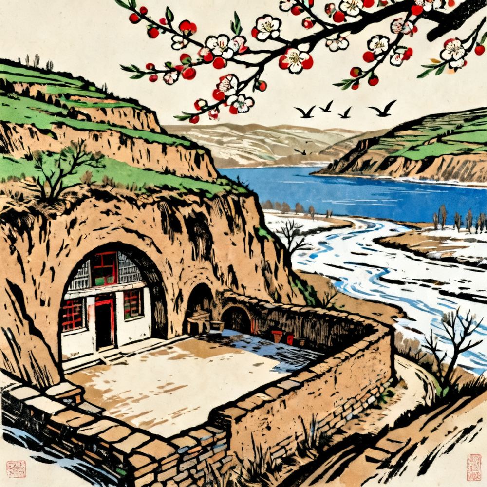 春天的榆林 · 版画 · AI 示意