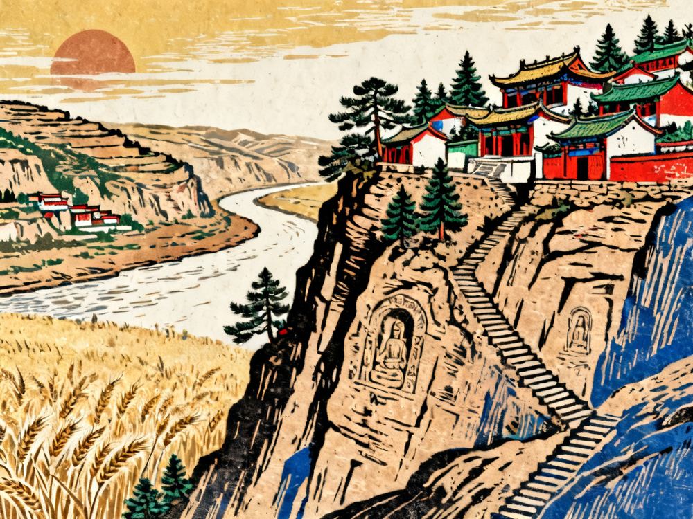 二郎山景区 · 版画 · AI 示意