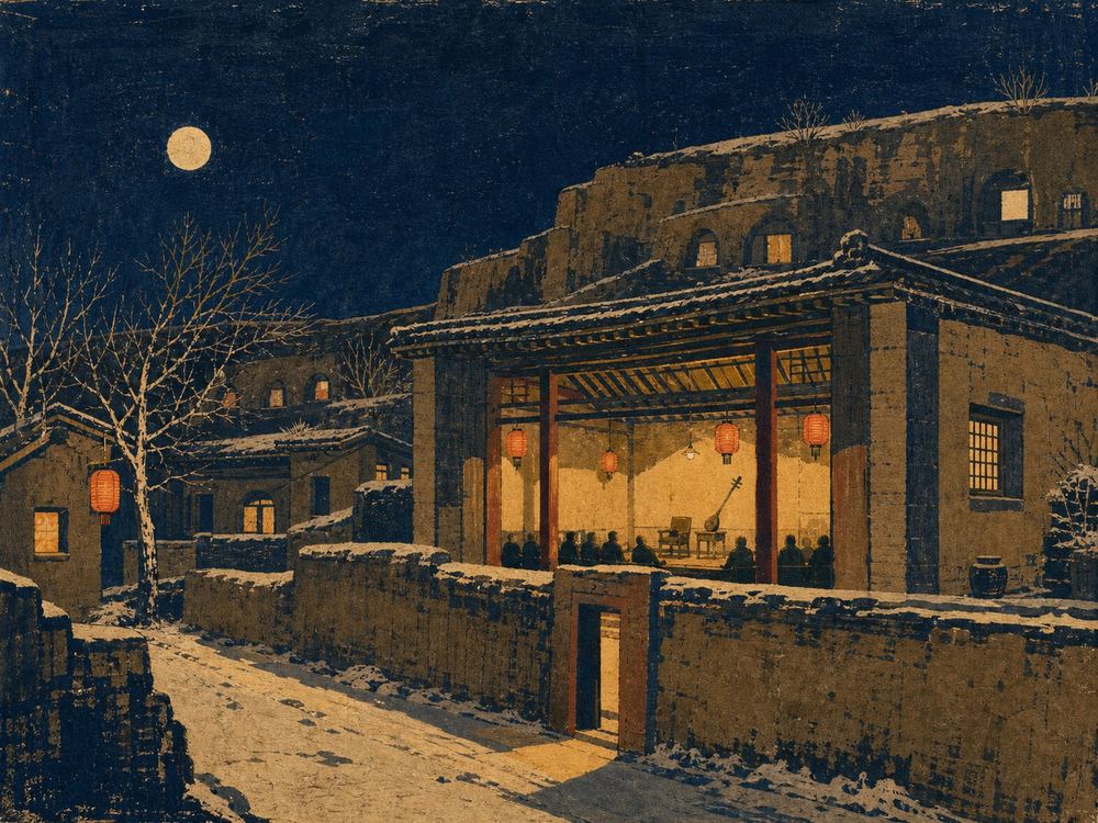 陕北说书 · 馆里月场 · 版画 · AI 示意