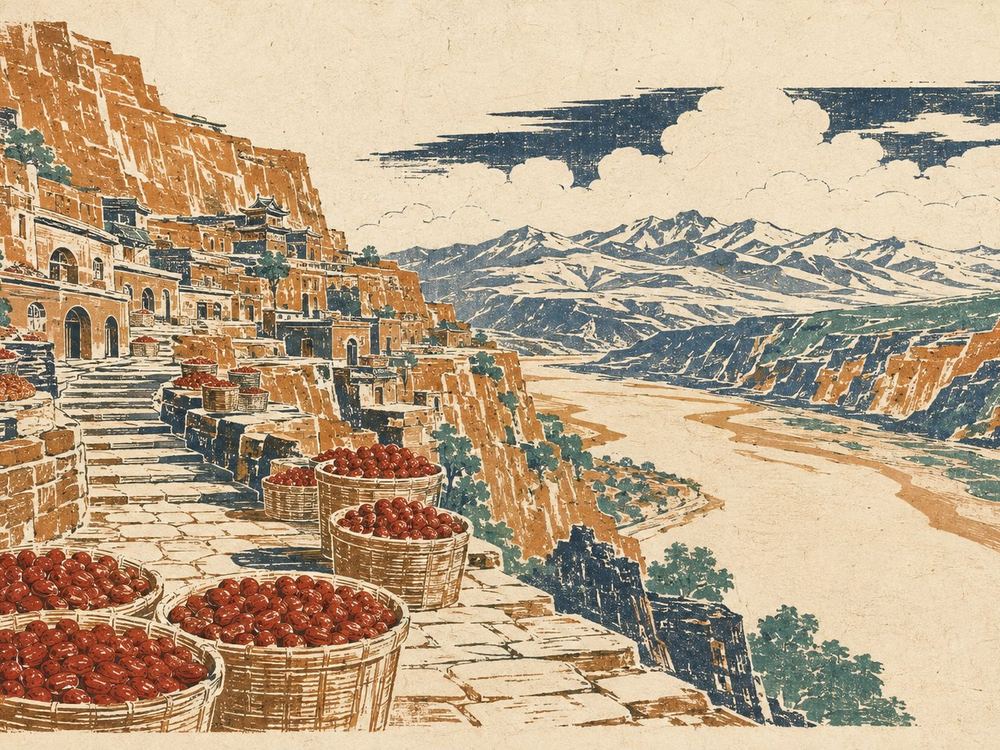 佳县城集 · 版画 · AI 示意