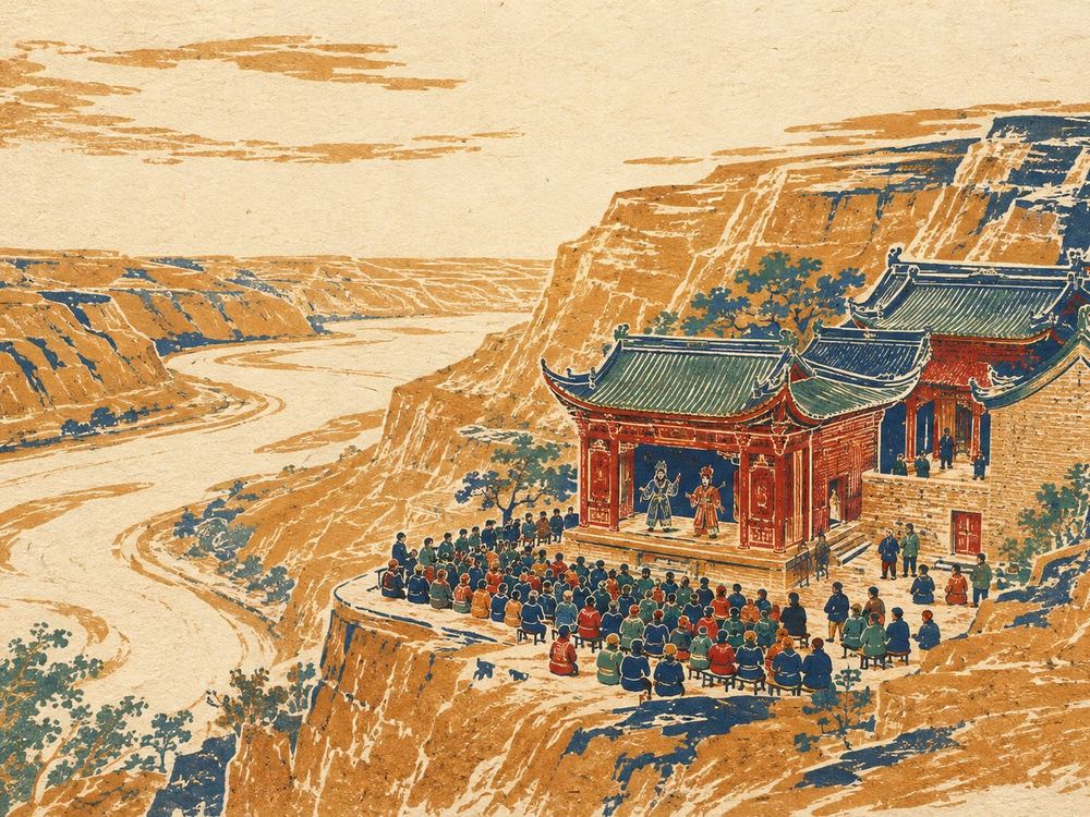 庙戏展演 · 版画 · AI 示意